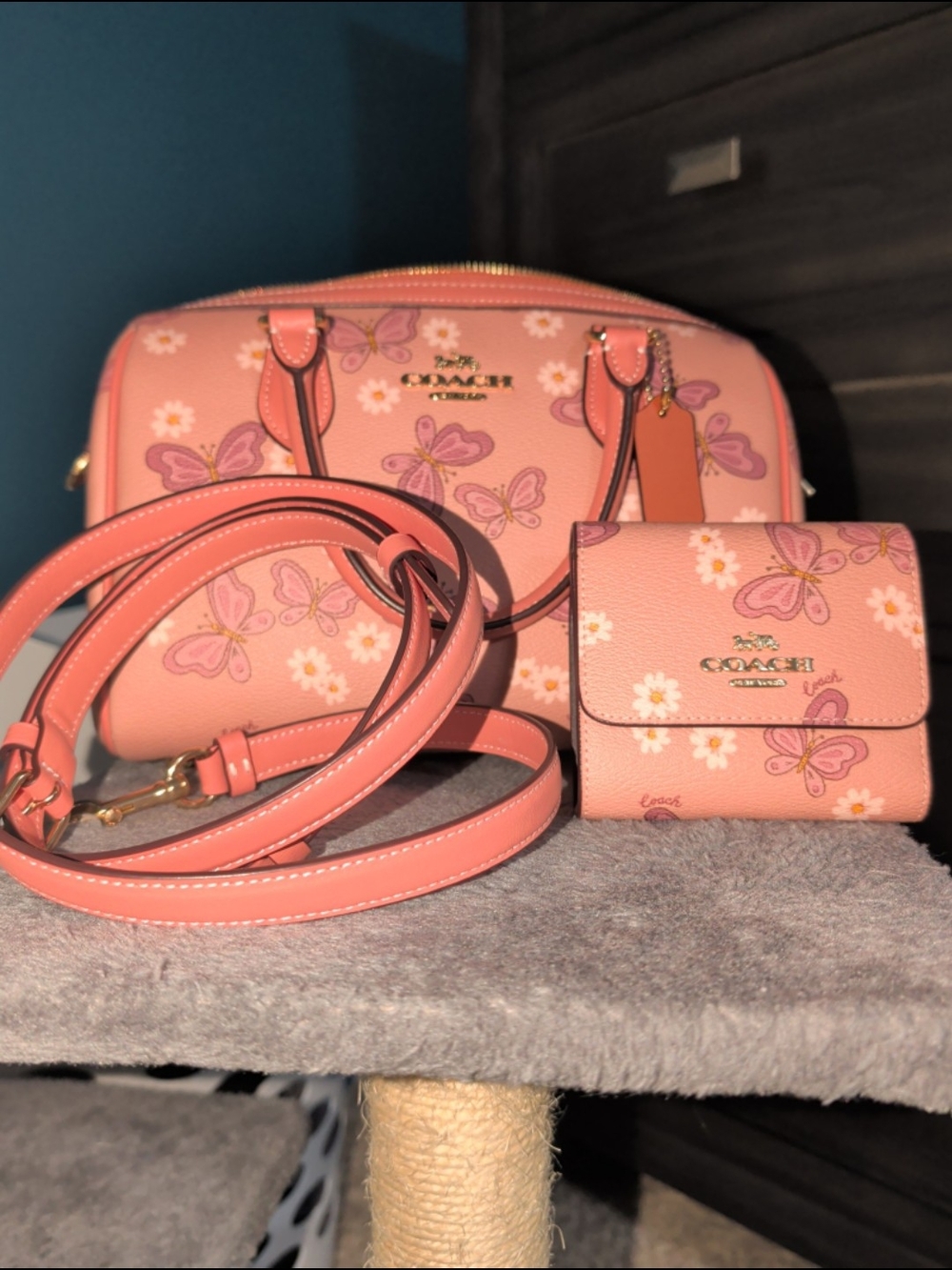 COACH Pink Butterfly & Daisy Leather Satchel with Wallet